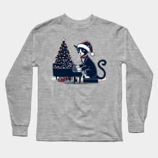 Devon Rex Cat Playing Piano Christmas Long Sleeve T-Shirt